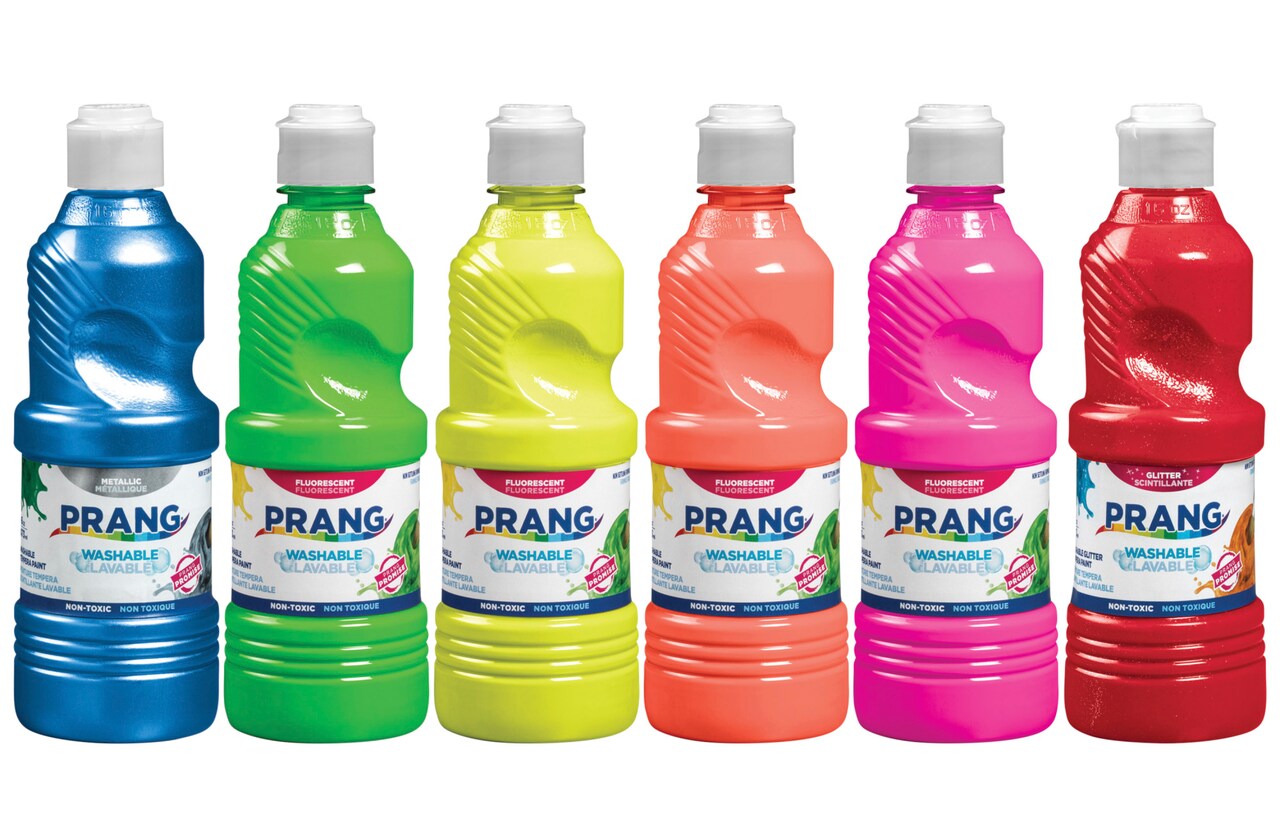 Prang Ready-to-Use Washable Tempera Paint Set, Assorted Metallic, Fluorescent, Glitter Colors, Pint Set of 6